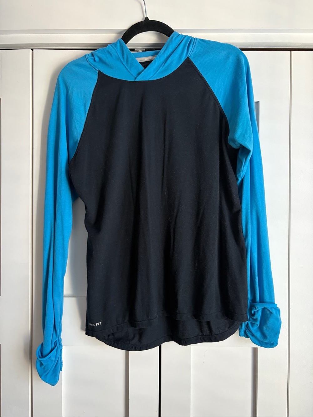 Nike Dri-Fit Black Hoodie with Blue Raglan Sleeves and Hood